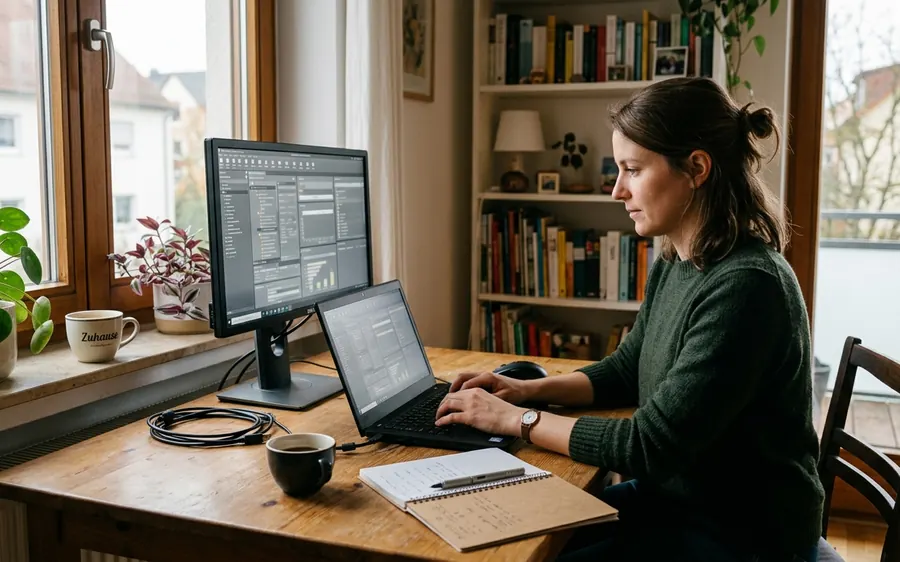 Mitarbeiterin arbeitet im Homeoffice mit denselben Firmensystemen