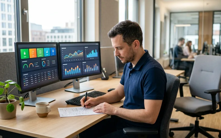Techniker überwacht die Systeme eines Unternehmens am Bildschirm