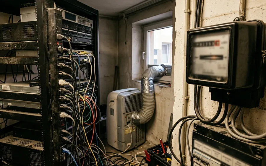 Stromzähler und improvisierte Klimaanlage neben einem Serverschrank